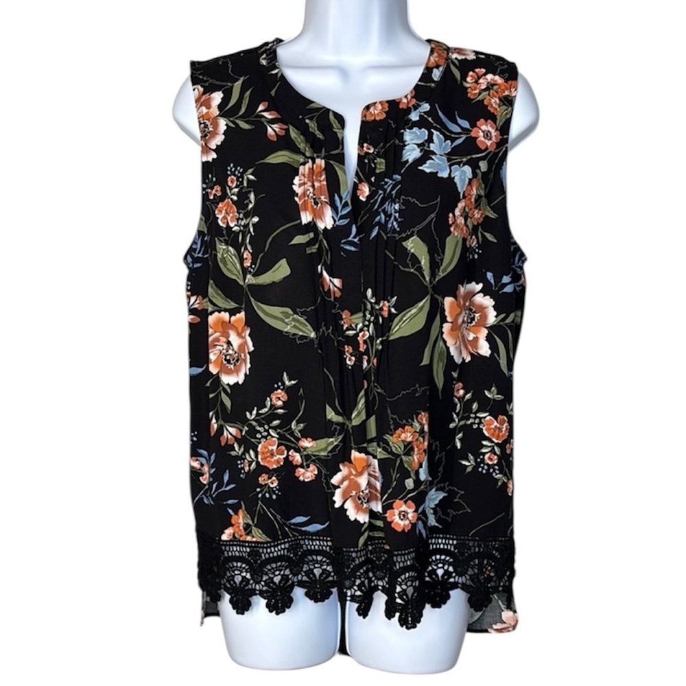 DR2 Floral Sleeveless Lace Trimmed Top Black | Size PL